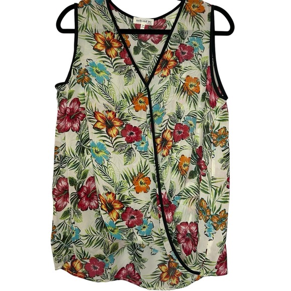 Faith and Joy Woman's Large Sleeveless Blouse Floral‎ Tropical Chiffon - Picture 1 of 8
